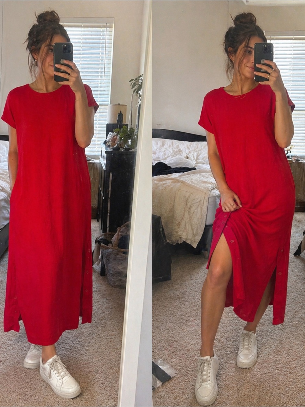 Studio Ease Sz 8 Red Linen Blend Midi Dress Button Hem Pocket Casual Minimalist